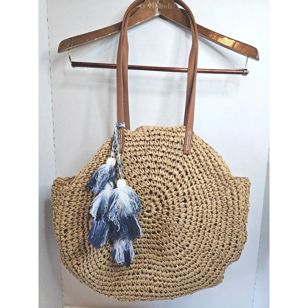 American Eagle Outfitters Straw Tote Bag‎ Round Beach Bag Blue Tassel